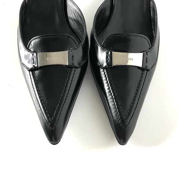 NIB Prada Logo Plaque Black Pointed Toe Kitten Heel Mules Pumps 36.5 - Picture 6 of 10
